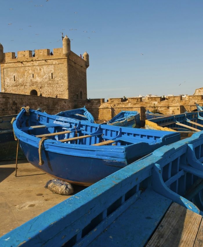 Blue fishing boats in Essaouira Port, formerly Mogador, Morocco, North Africa, Africa